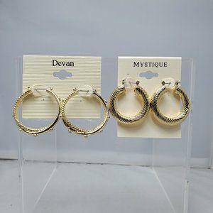 2 PAIRS OF DEVAN & MYSTIQUE GOLD TWISTED GOLD HOOP EARRINGS WITH RHINESTONES